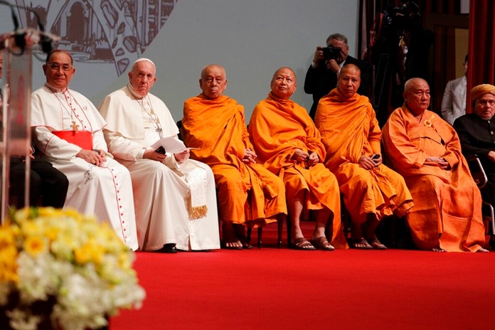 Pope Francis, second left, meets with leaders of Christian denominations and other religions at the Chulalongkorn University, Friday, Nov. 22, 2019, in Bangkok, Thailand. (AP Photo/Gregorio Borgia)